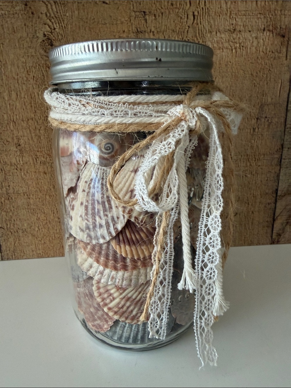 Seashell Mason Jar Decor with Lace and Twine-Coastal Beach Vibes